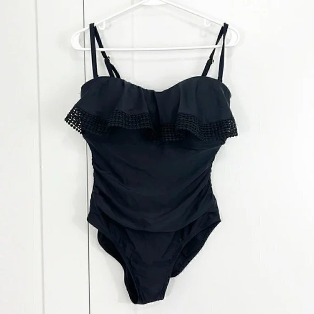 Kona Sol Large Black Ruffle Ruched One Piece Convertible Swim Suit
